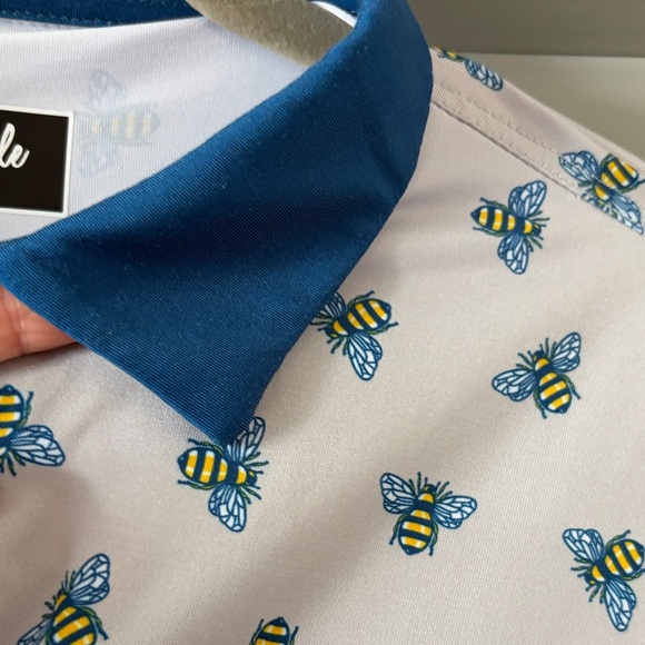 White and Blue Men's Polo Golf Shirt with bees -Waggle - Picture 6 of 7